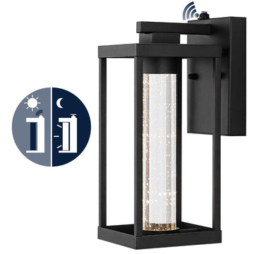 Juno 4.75" Industrial Vintage Iron/Glass Seeded Glass with Dusk-to-Dawn Sensor Integrated LED Outdoor Sconce - JONATHAN Y